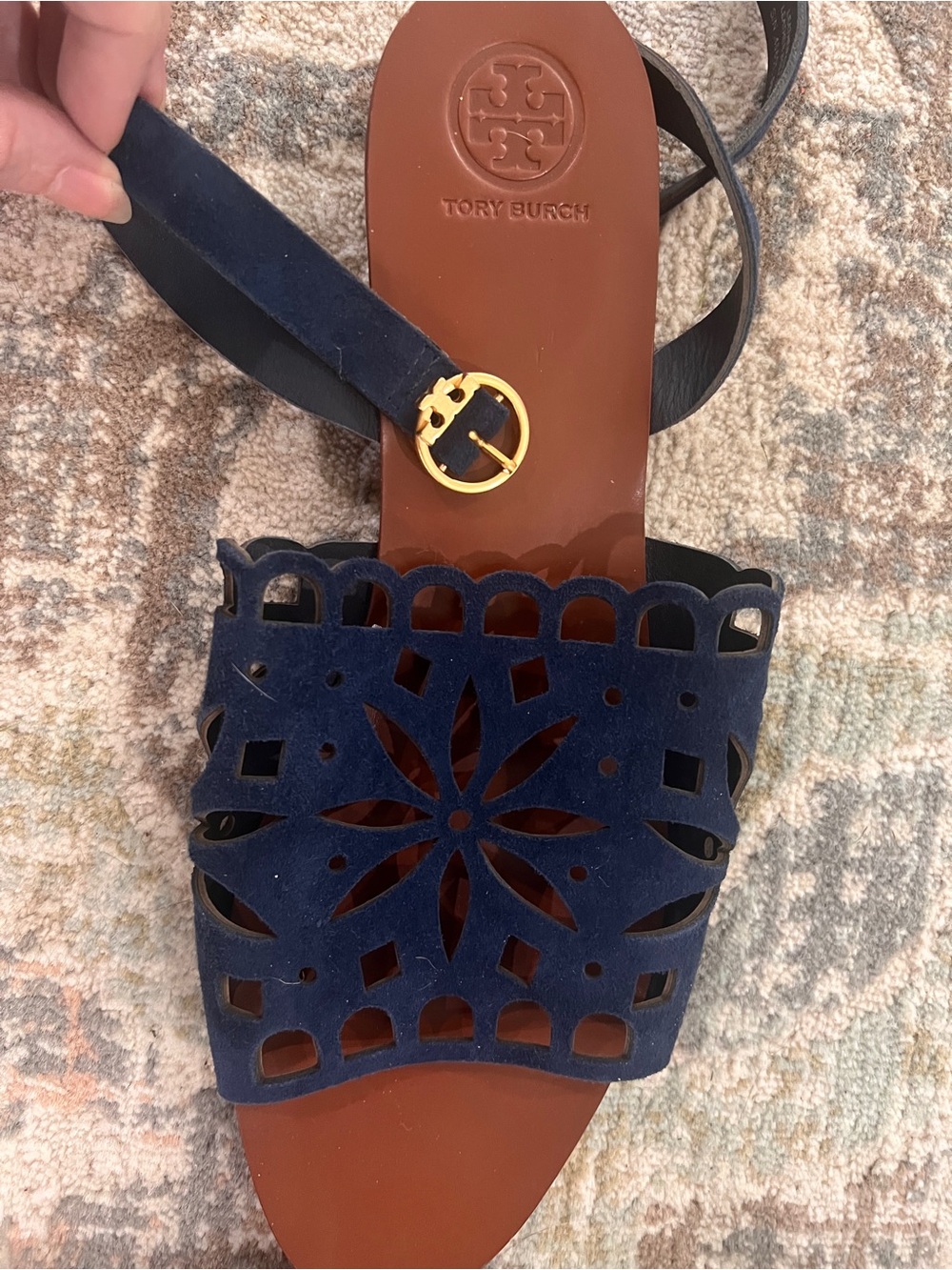 Tory Burch Navy Suede Laser-Cut Slide Sandals with Ankle Strap - Picture 5 of 6